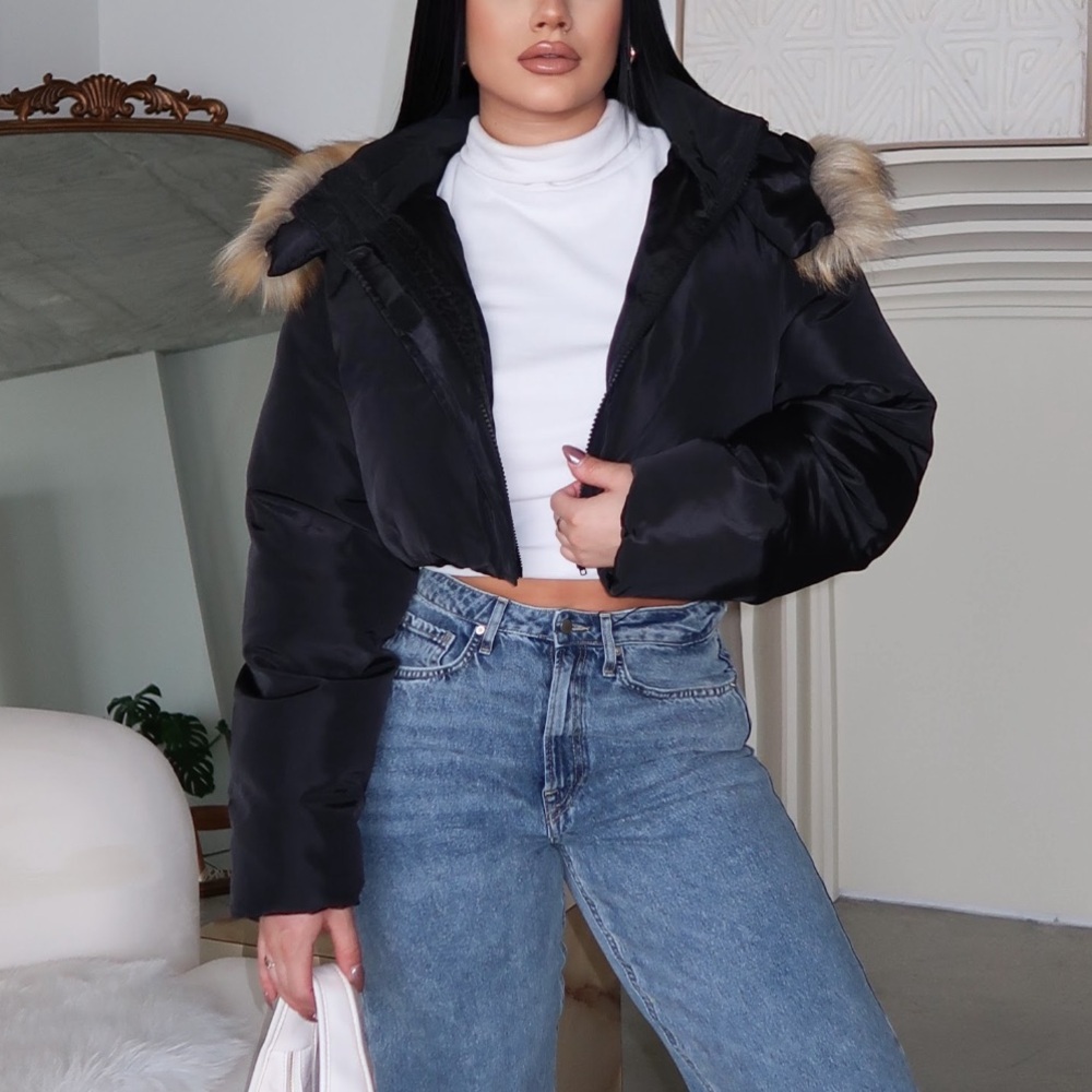 PUFFER JACKET WITH FAUX FUR HOOD - BLACK